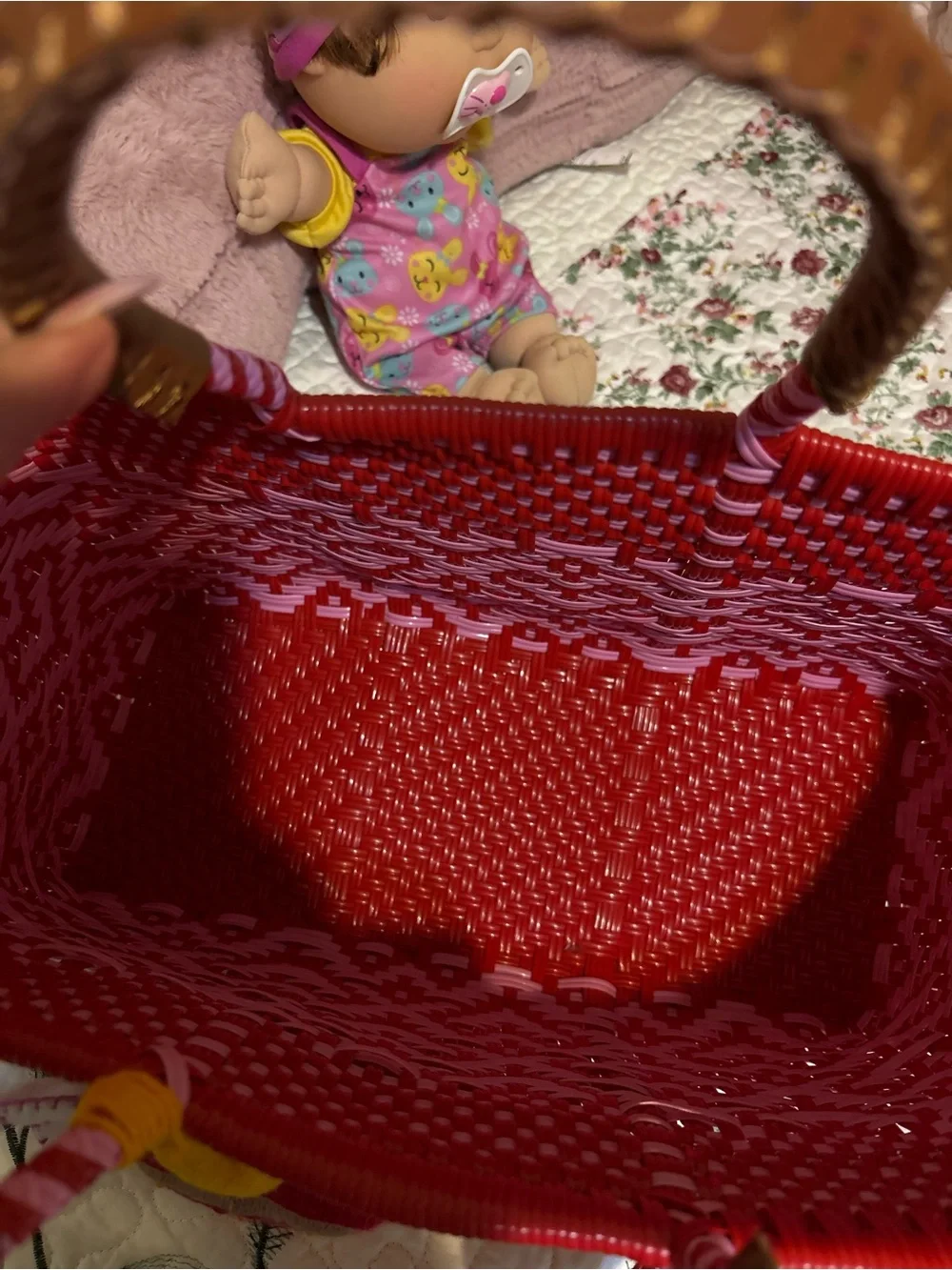 Woven Red and Pink Tote Bag with Heart Tassel